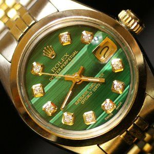 Ladies Rolex Oyster Datejust Malachite Diamond Dial Gold Steel